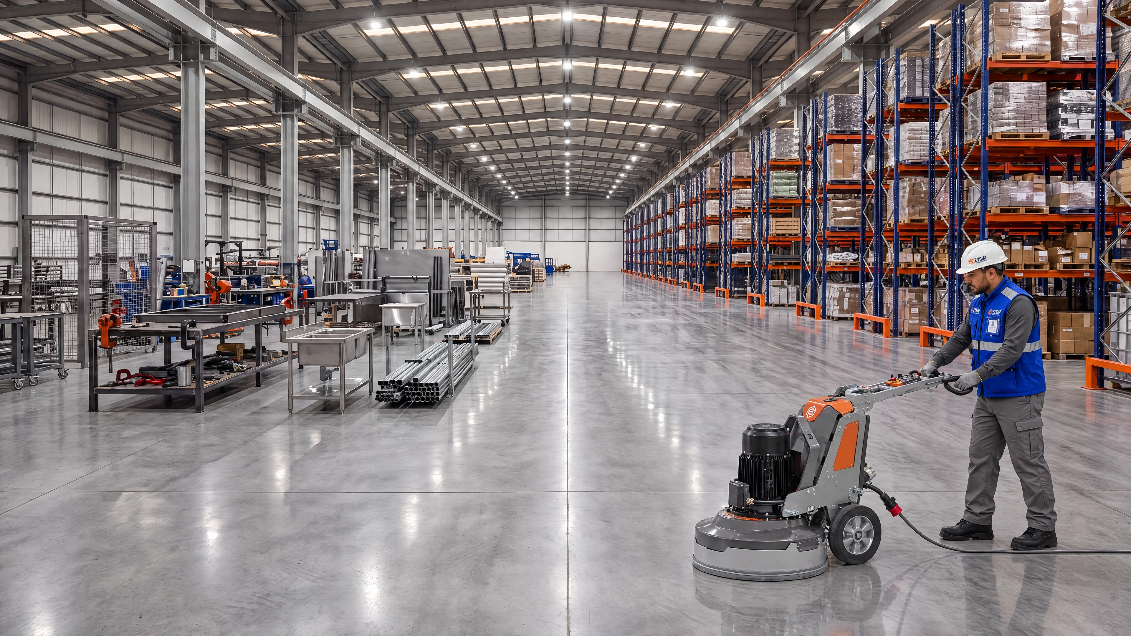 Nave industrial de gran escala con fabricación en acero a la izquierda, racks altos a la derecha, piso pulido y un técnico EYSIM con chaleco azul y ropa gris operando un pulidor profesional gris y naranja.