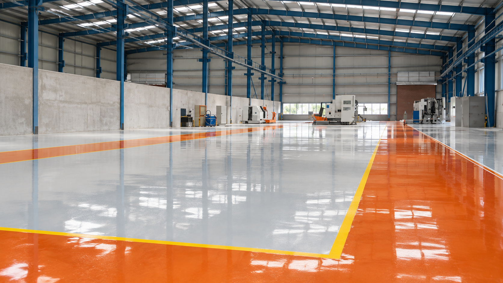 Nave industrial con recubrimiento brillante gris claro, pasillos naranjas y delimitación amarilla