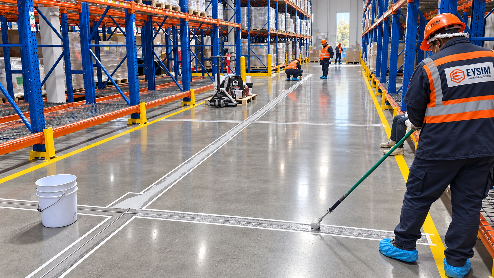 Personal EYSIM con uniforme azul marino y naranja trabajando en las juntas de un piso industrial entre racks