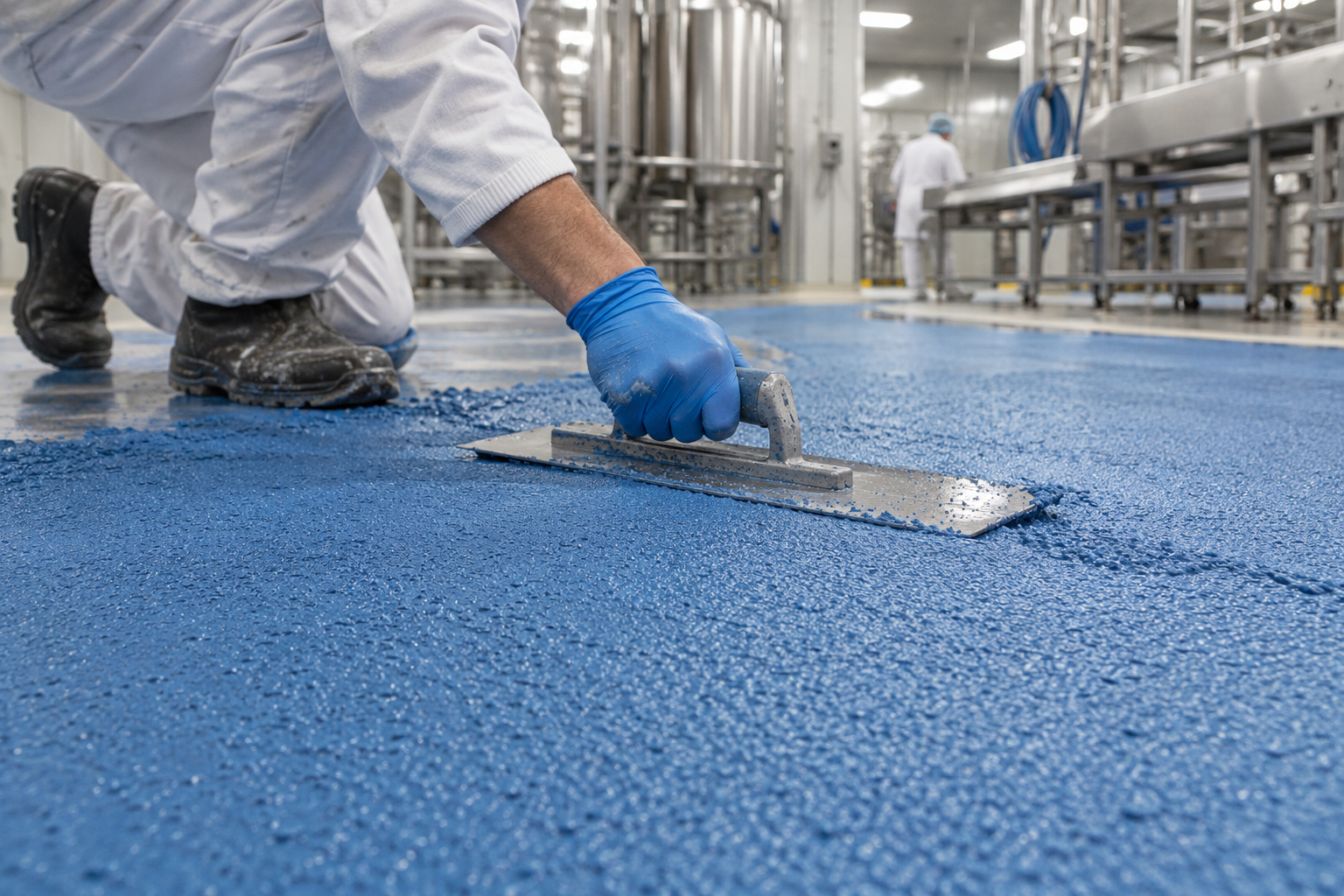 Aplicación con llana de un piso azul de poliuretano cementicio con textura granular