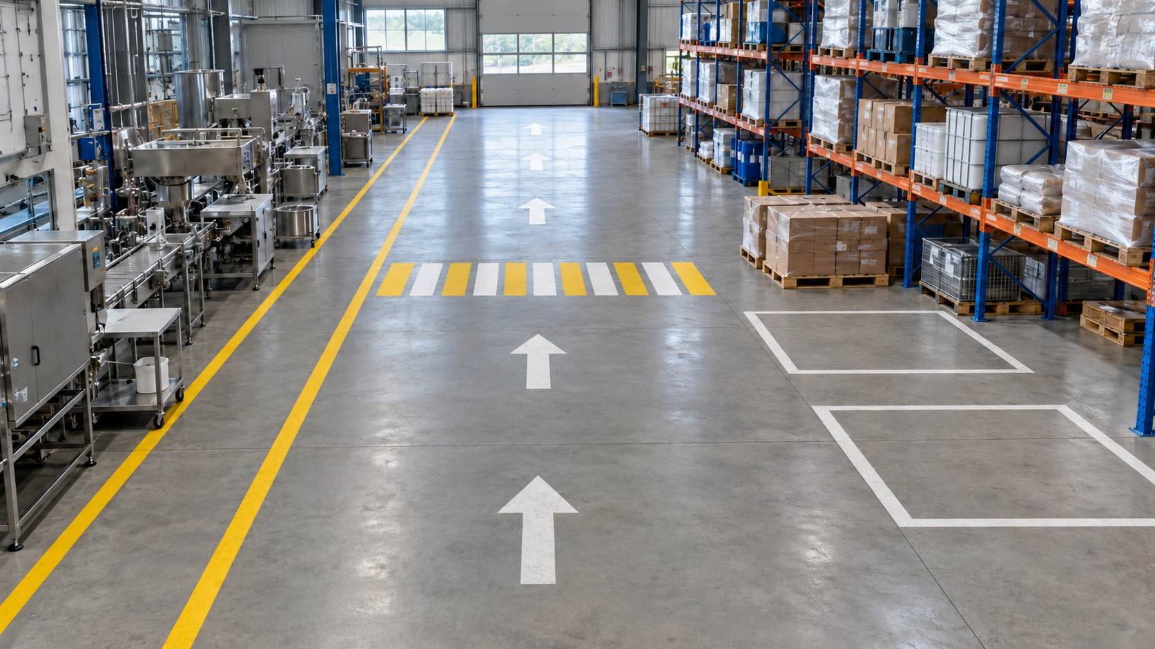 Nave industrial con rutas peatonales amarillas, flechas de circulación y áreas de almacenaje delimitadas sobre el piso